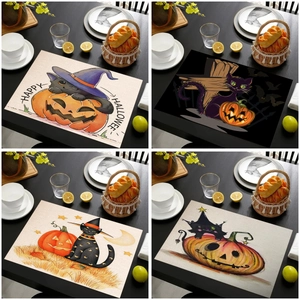 Halloween Placemat Heat Insulated Linen Table Mat Black Cat Pumpkin Wizard Hat Pattern Kitchen Dining Home Decor