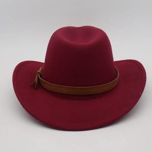 Close-up of wine red wool felt cowboy hat with brown leather band and intricate knot detail