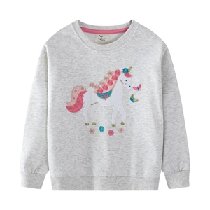 Mädchen Langarm Baumwolle Sweatshirt Einhorn Blumen Stickerei Rundhalsausschnitt Pullover Kleinkinder Kinder Lässiges Oberteil