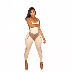 Combinaison moulante bicolore sans manches pour femmes avec col en U et design patchwork