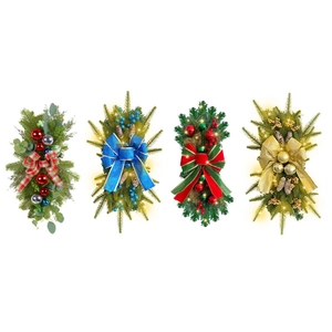 Four festive Christmas teardrop swags with evergreen branches, ribbons and LED lights