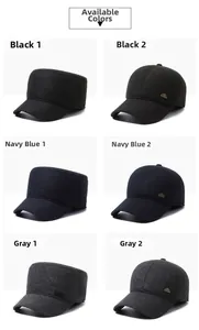 Detail view of winter cadet and baseball caps in black, navy blue, and grey colors