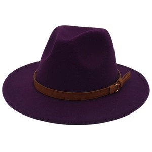 Detail of purple wide brim fedora hat featuring a brown leather belt with gold buckle