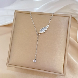 Minimalist titanium steel necklace with mother-of-pearl angel wing and zircon drop