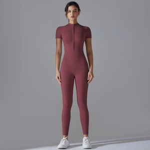 Close-up of high-elasticity yoga bodysuit with zipper neck and slim fit design