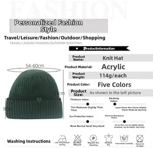 Detail showing green knit beanie dimensions and size chart for winter warm hat
