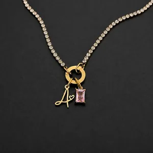 American Style Stainless Steel Letter Pendant Necklace For Women 14K Gold Plated Rhinestone DIY Heart Jewelry Gift