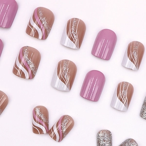Morandi purple and wavy glitter press-on nail kit with short square-round shape tips