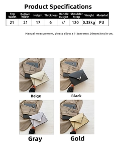 Detail view of four stylish PU leather envelope bags with metal chain straps and V-shaped buckles