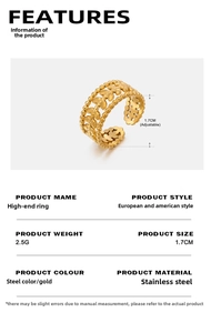 Detail showing adjustable gold-plated stainless steel leaf ring dimensions and specs