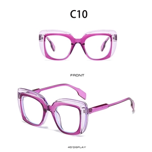 Detaillierte Vorder- und Seitenansicht der lila Oversized-Eckbrille im Chunky-Stil