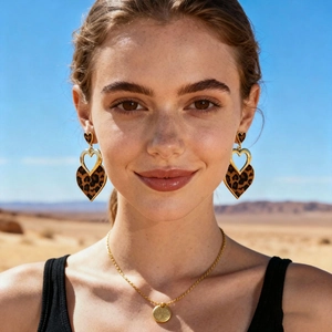 Close-up of leopard print heart earrings and gold necklace on model in desert setting
