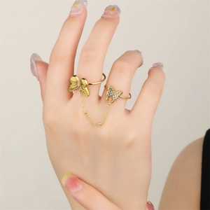 18k gold plated stainless steel double ring set with butterfly charms and clear crystals