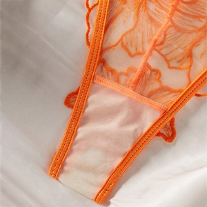 Close-up of orange floral embroidery lace and breathable mesh fabric on sexy panty