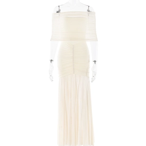 Detailed view of beige tulle dress featuring elegant ruffles and off-shoulder design