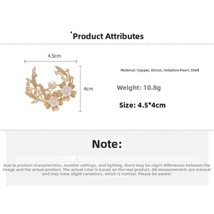 Detailed specs of the 18k gold plated shell flower brooch with zircon and pearl accents