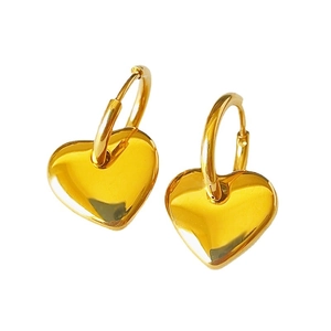 Polished 18k gold plated stainless steel heart dangle hoop earrings for women