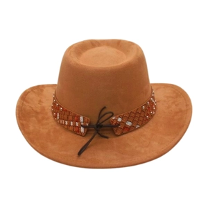 Close-up of a western cowboy hat featuring a braided band and orange metal buckle detail
