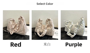Detailed comparison of vintage floral tote bags in red, beige and purple with ruffled handles