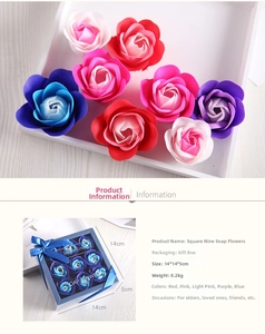 Detailed view of nine colorful soap roses in a square blue gift box with ribbon