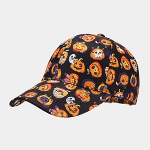Halloween baseball cap featuring black fabric and vibrant all-over spooky prints