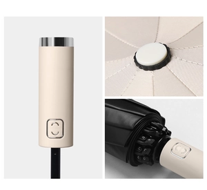 Macro detail of the beige automatic umbrella handle with silver button and canopy tips