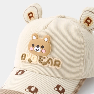 Kids corduroy baseball cap with bear ears and cartoon prints for autumn and winter
