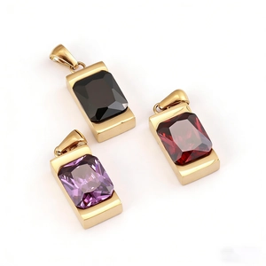 Detailed view of rectangular gemstone pendants in black, burgundy and purple options