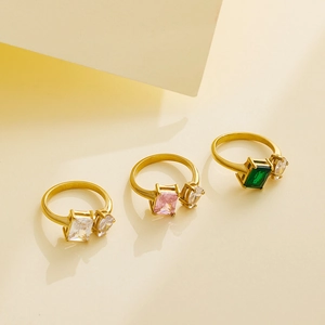French vintage adjustable gold rings with emerald-cut crystals in pink and green colors