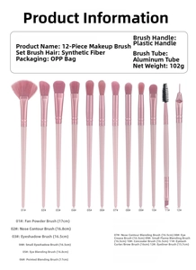 Detail of 12pcs pink makeup brush set with fiber bristles and durable plastic handles