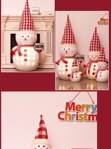Close-up of glowing plush snowman with LED lights and red plaid hat for Christmas decor