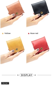 Detailed front view of mini leather coin purses in brown, black, yellow and rose red colors