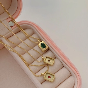 Vintage gold beaded chain necklace with square rhinestone pendant in three colors