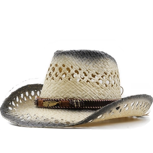 Western Cowboy Straw Hat Men Women Hollow Breathable Sun Protection Wide Brim With Feather Pendant Bead Gradient Retro