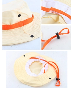 Detail view of adjustable sun hat with orange drawcord and velcro strap for kids