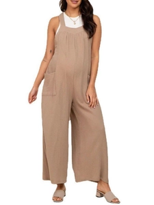 Beige cotton linen maternity overalls with wide legs and side pockets for casual wear