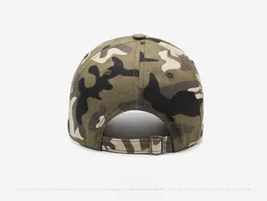 Detail view of the camouflage baseball cap back with adjustable metal buckle strap