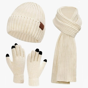 Set de invierno de 3 piezas con gorro de punto blanco crema, bufanda y guantes