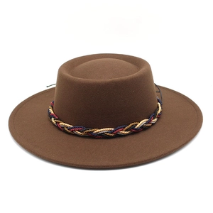 Chocolate brown wool fedora hat with wide brim and colorful braided band for men and women