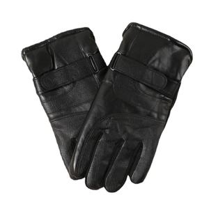 Men's thermal black PU leather gloves with adjustable wrist straps for winter cycling
