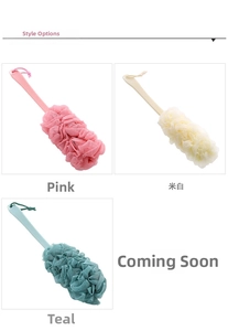 Three long-handled bath sponges in pink, cream, and cyan colors with soft mesh brush heads