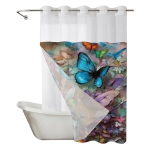 Waterproof double-layer shower curtain featuring colorful butterfly prints and metal hooks