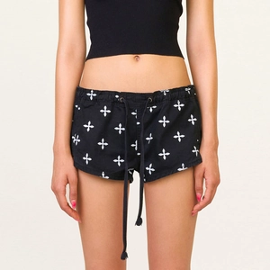 Cotton Shorts Women Low Waist All Over Cross Print Drawstring Casual Streetwear Outdoor Hot Pants Pockets