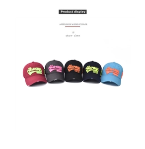 Detail showing five colors of cotton baseball caps with 75 embroidery and distressed brims