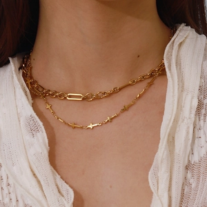 Détail d'un collier double couche plaqué or 18 carats avec pendentifs croix sur mannequin