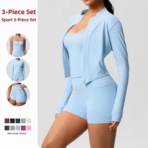 Ensemble de Yoga pour Femmes en Nylon Élasthanne Top And Bottom Moulant Col Montant Veste à Fermeture Éclair Gilet Short