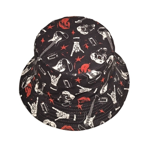 Street rock style bucket hat with guitar and skull print on durable canvas material