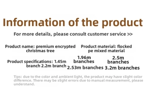 Tableau des tailles pour sapin de Noël floqué de 1,2 m à 3,0 m avec nombre de pointes de branches