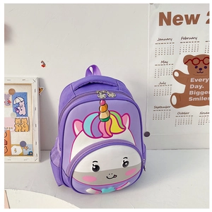 Detail of purple 3D unicorn backpack showing rainbow mane and breathable side pocket