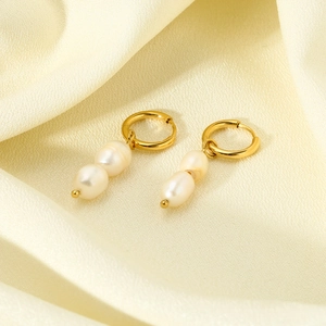 Baroque freshwater pearl pendant earrings in 14K gold plated stainless steel